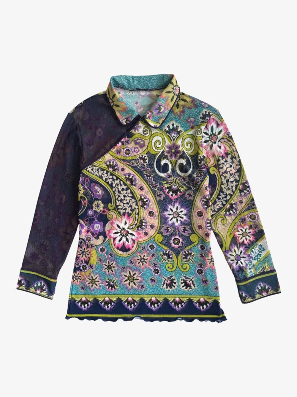 Vintage Y2K Boho Floral Graphic Print Asymmetrical Mesh Diagonal Snap Top  Cute